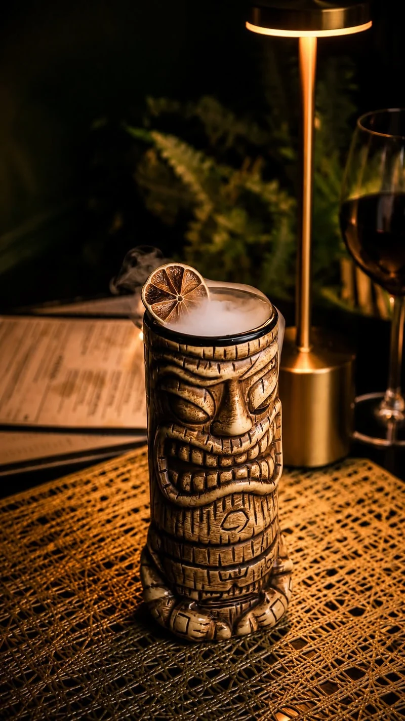 Trago Patrón con humo y cítrico en un vaso tallado, junto a una lámpara dorada
